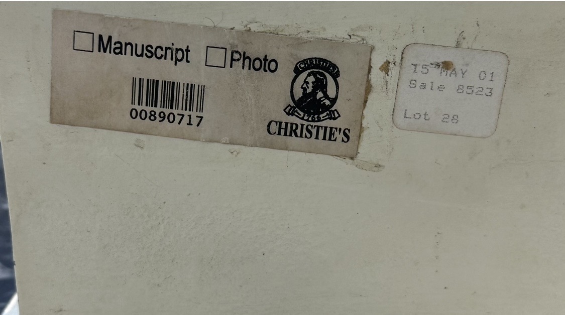 Ετικέτα του Christie’s στην πίσω πλευρά του έργου Σινιάλο του Τάκη